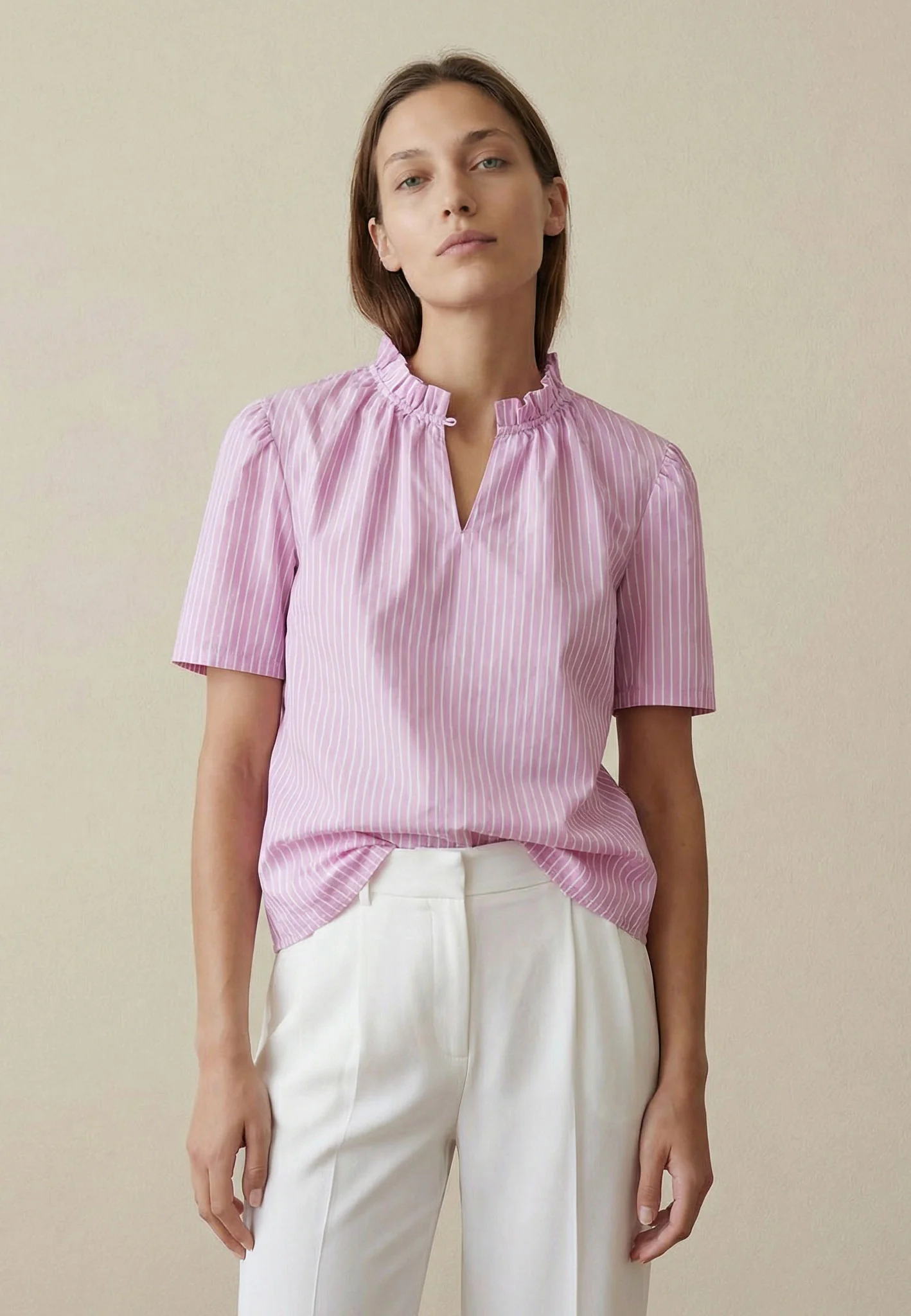 Bluse aus Baumwoll-Lyocell-Mix mit Streifenmuster und Stehkragen