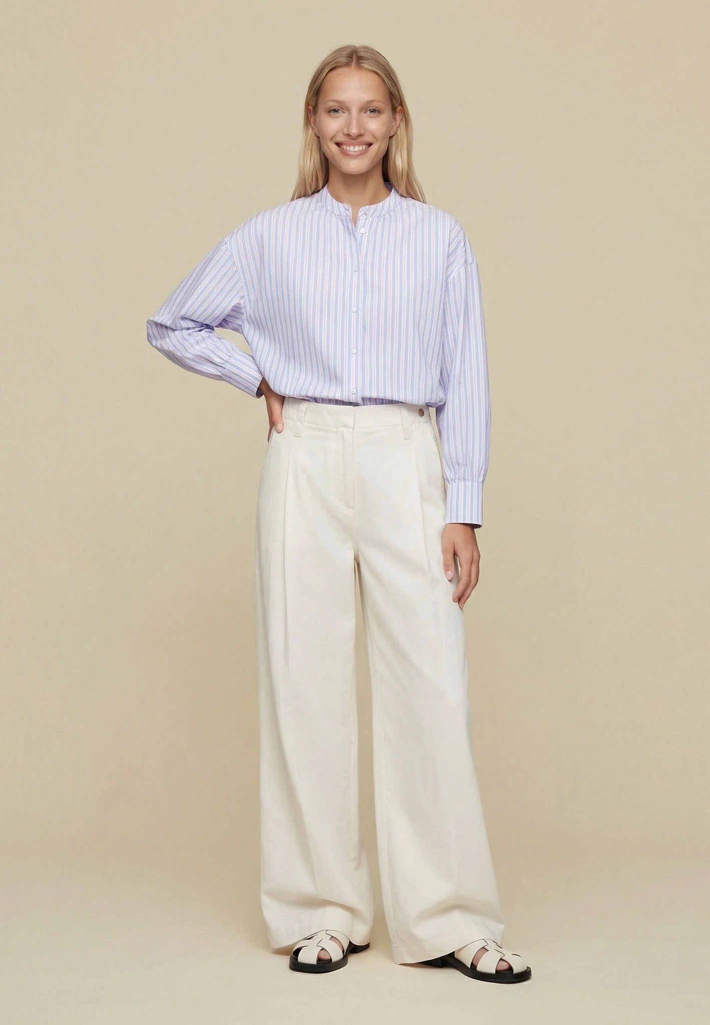 Bluse aus Baumwolle mit Streifenmuster und Stehkragen - Image 3