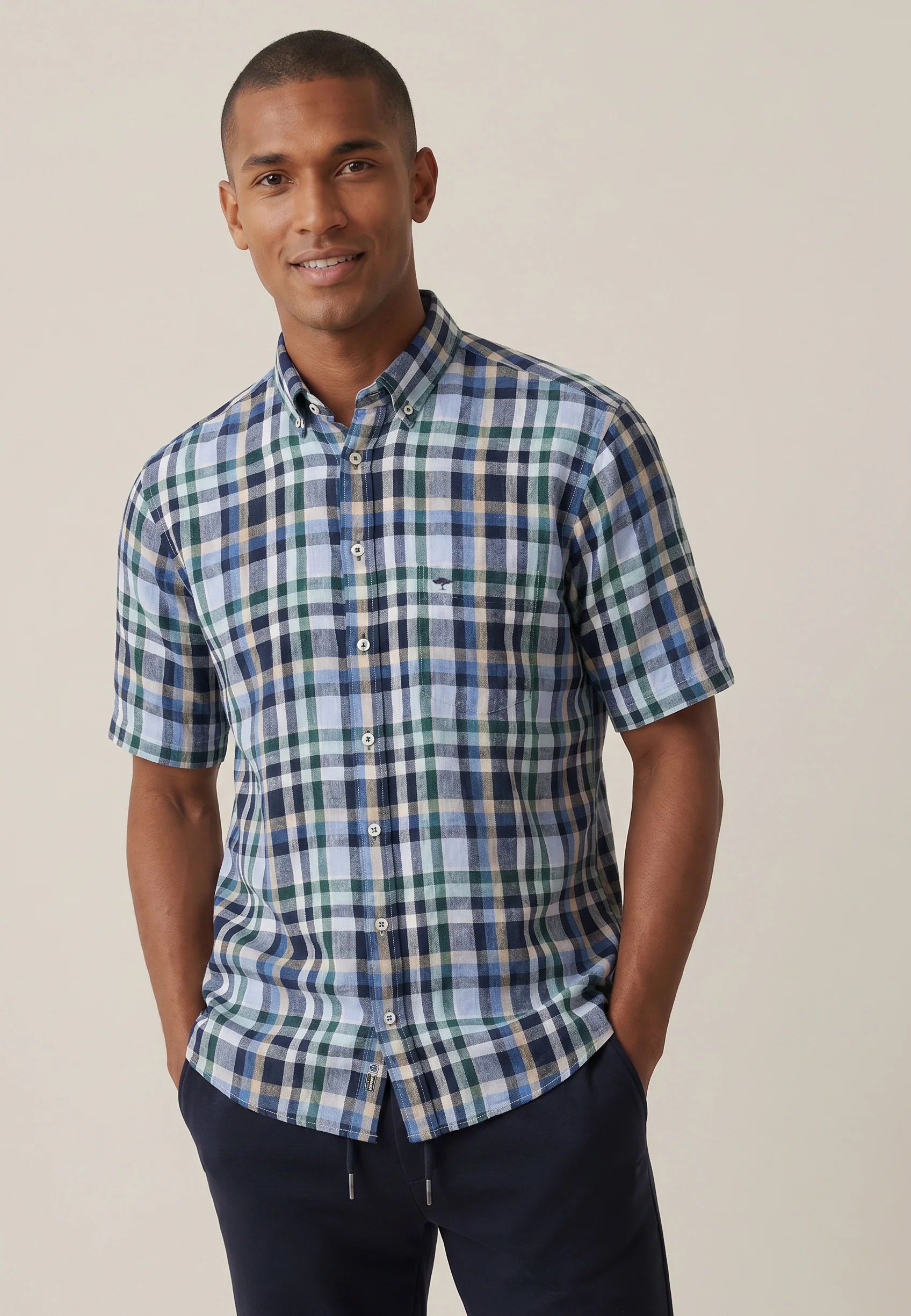 Kurzarmhemd aus Leinen mit Karomuster und Button-Down-Kragen - Image 11