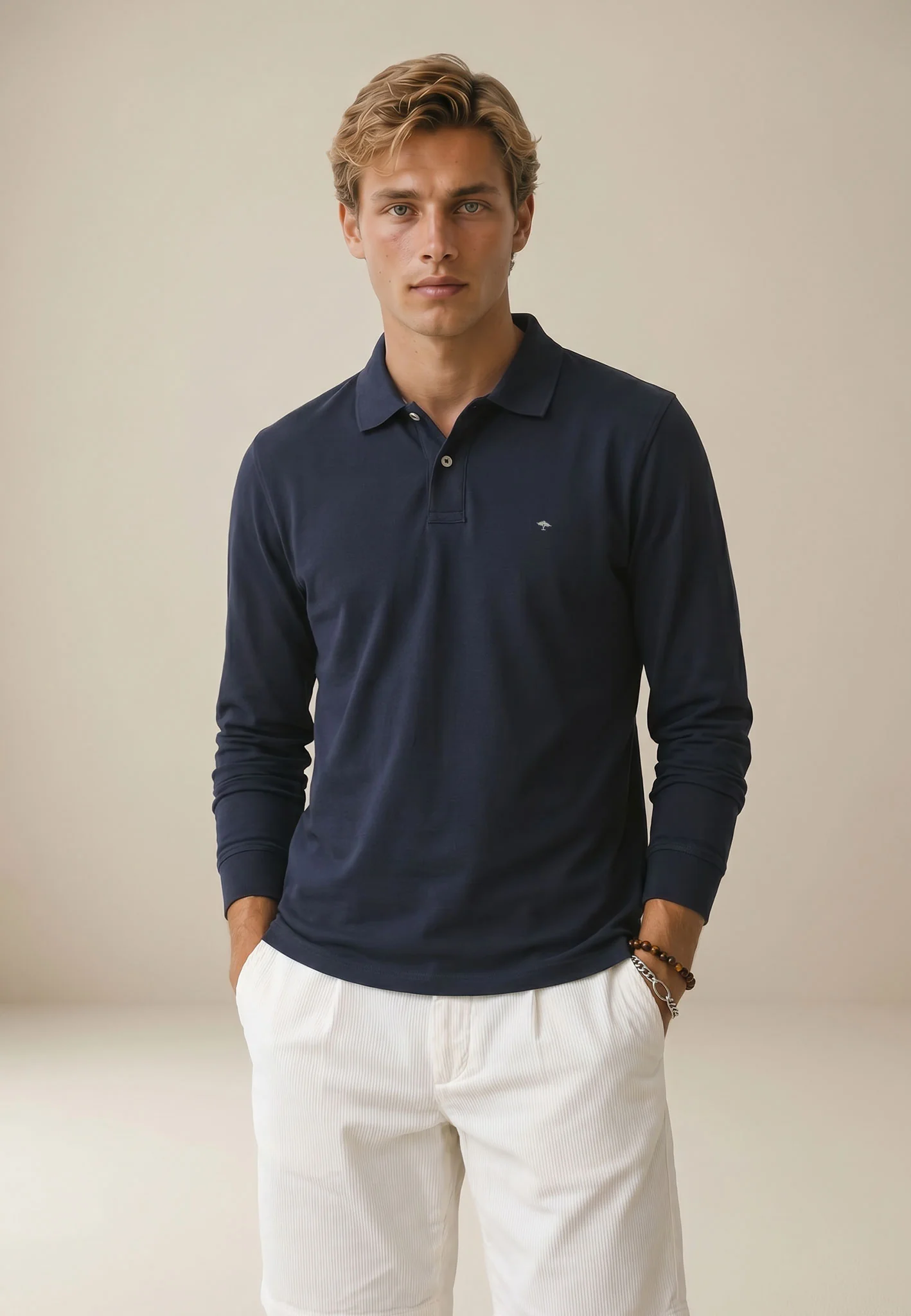 Langarm-Poloshirt aus Baumwolle mit Struktur