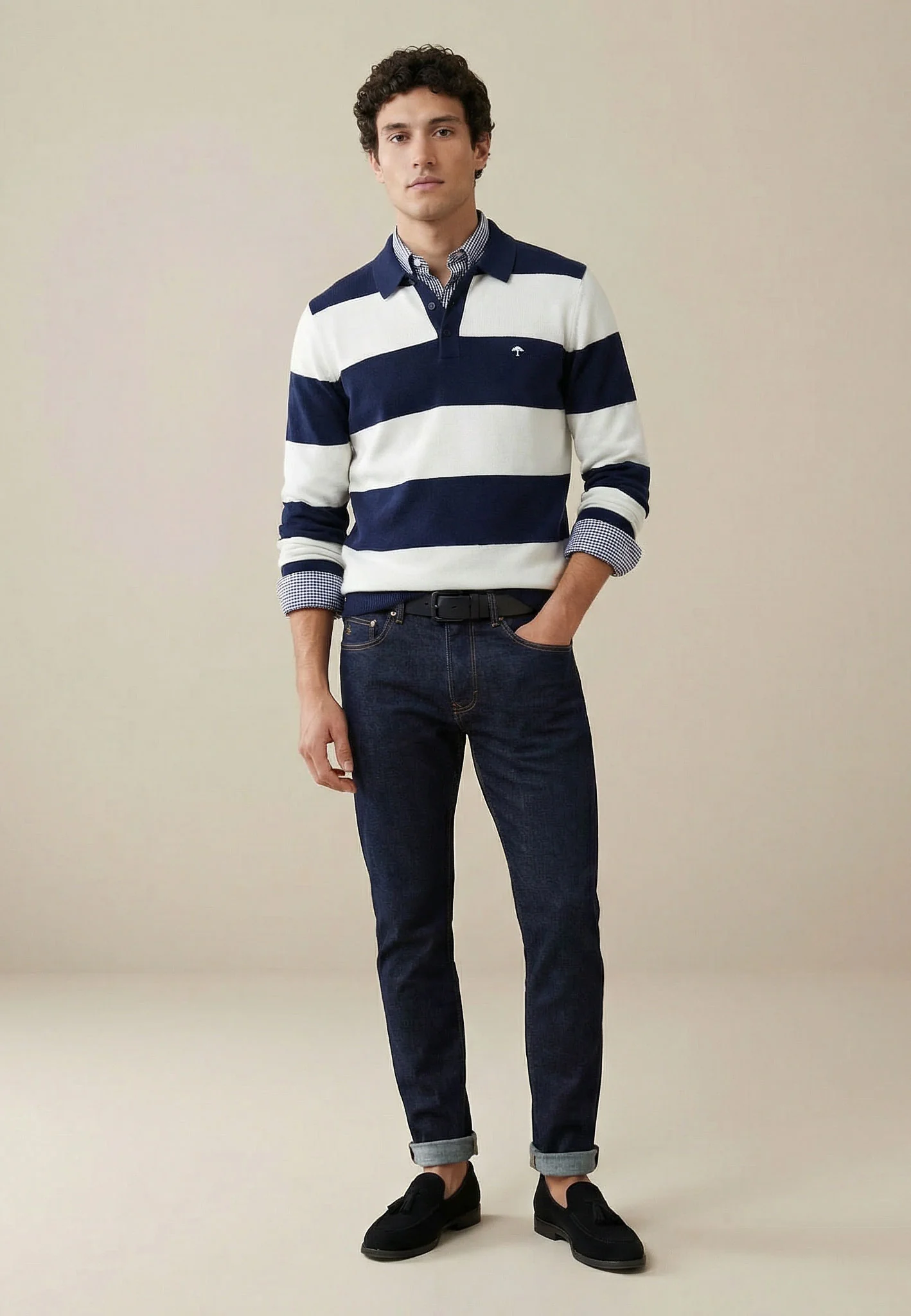Langarm-Strick-Poloshirt aus Baumwoll-Leinen-Mix mit Blockstreifen - Image 2