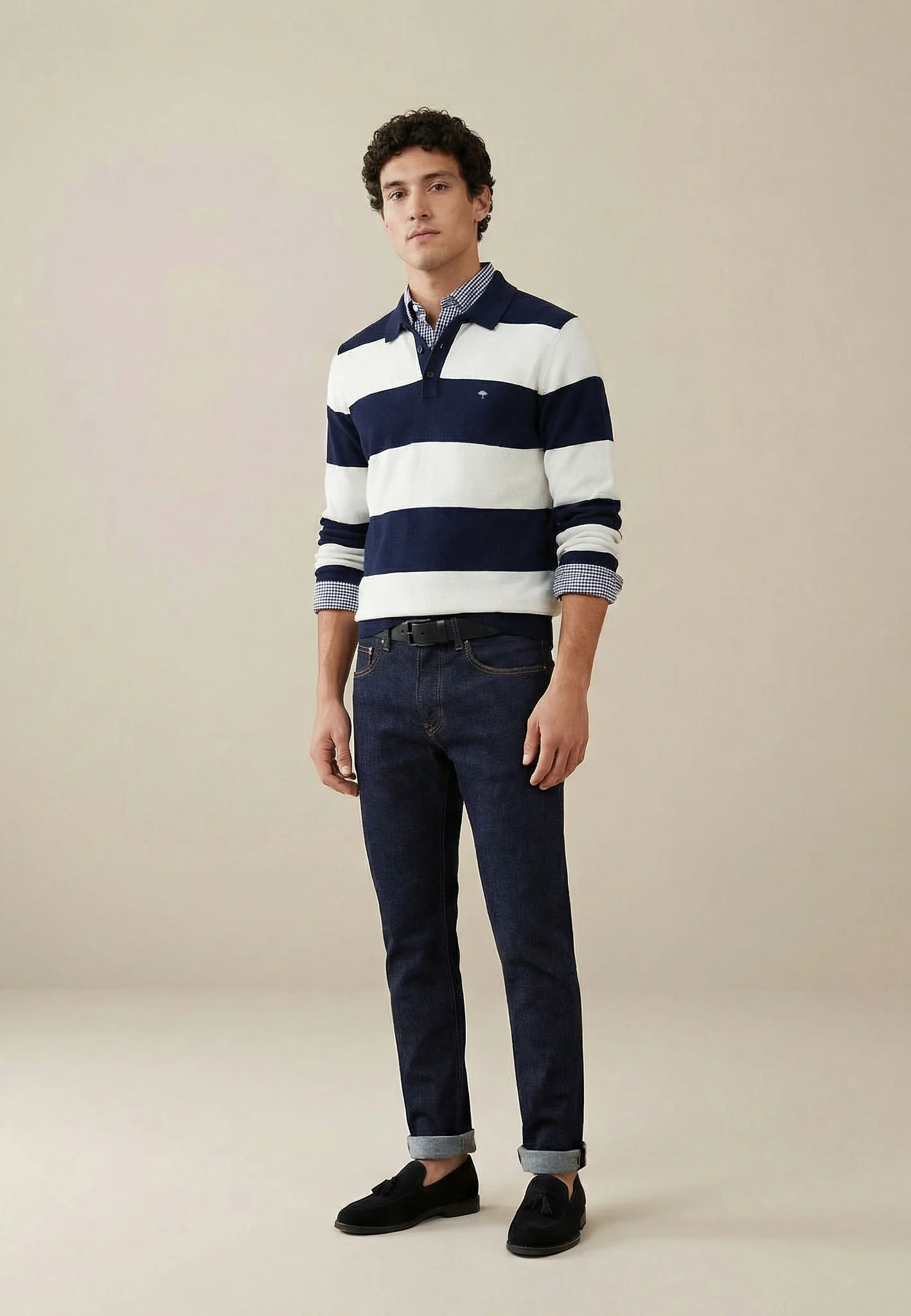 Langarm-Strick-Poloshirt aus Baumwoll-Leinen-Mix mit Blockstreifen - Image 3