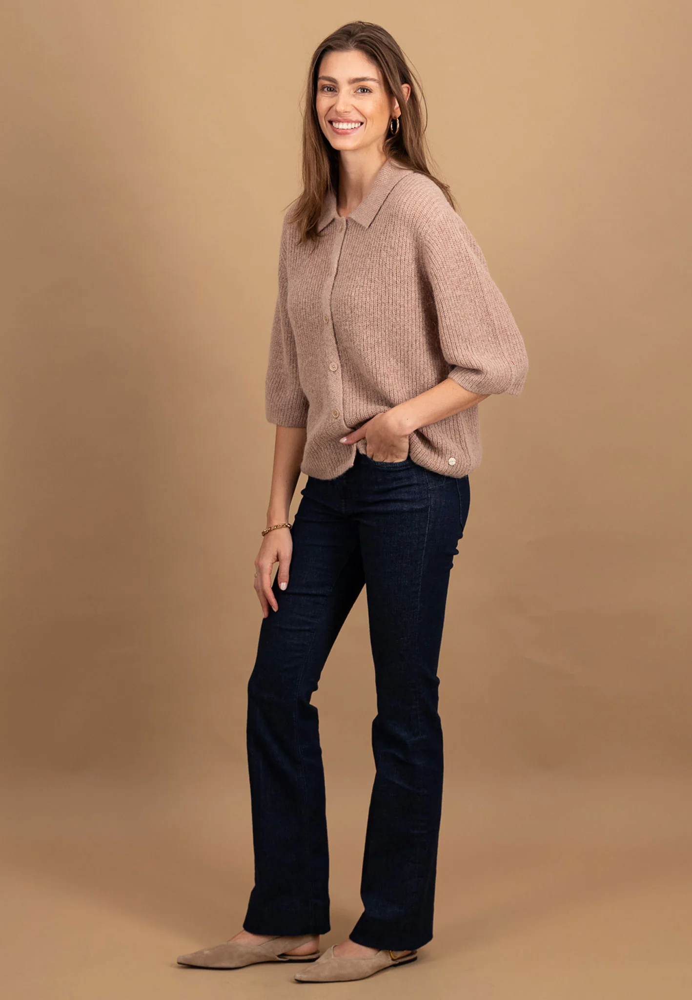 Strickjacke aus Wollmix mit Hemdkragen und 3/4-Ärmeln - Image 4