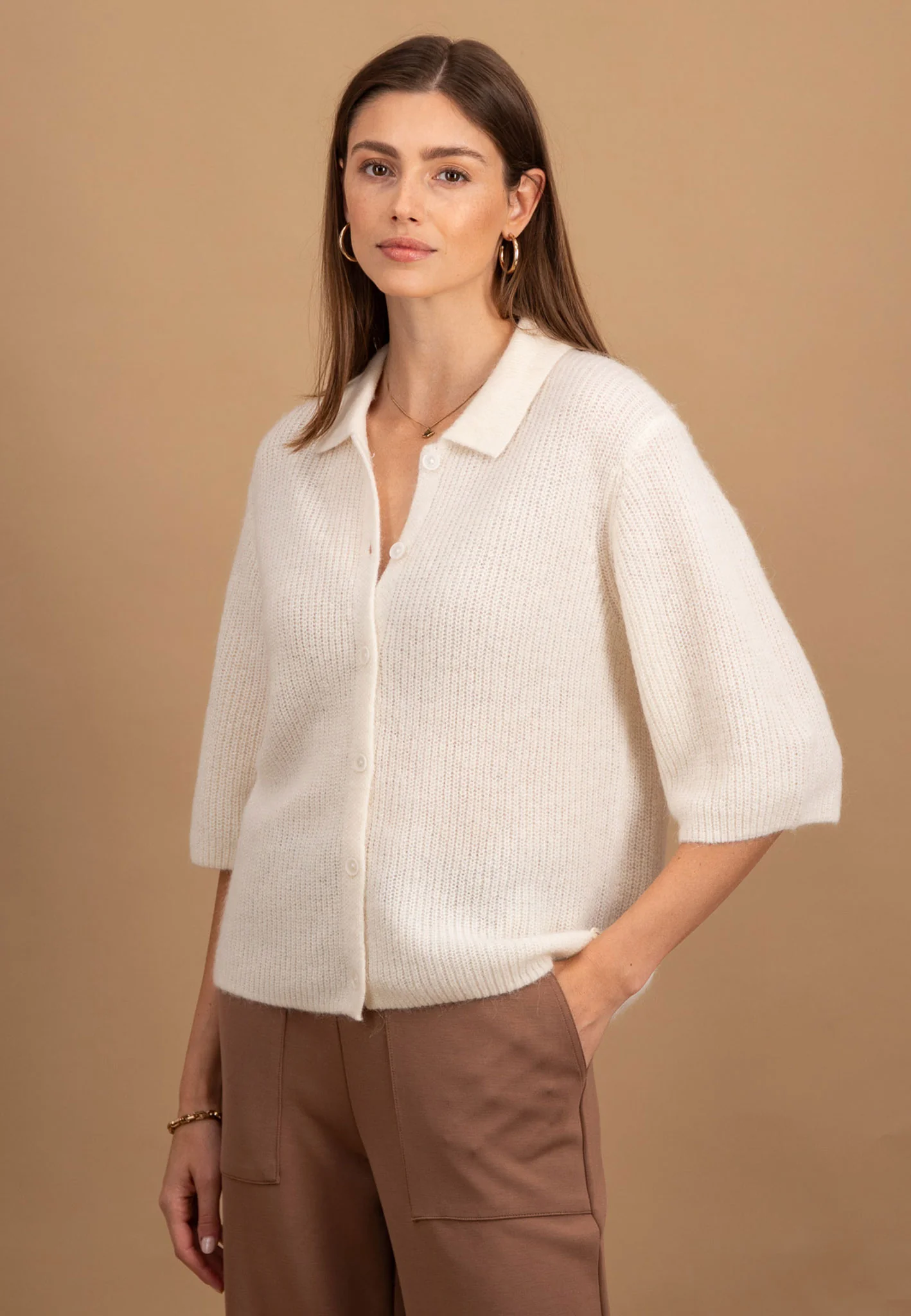 Strickjacke aus Wollmix mit Hemdkragen und 3/4-Ärmeln - Image 7