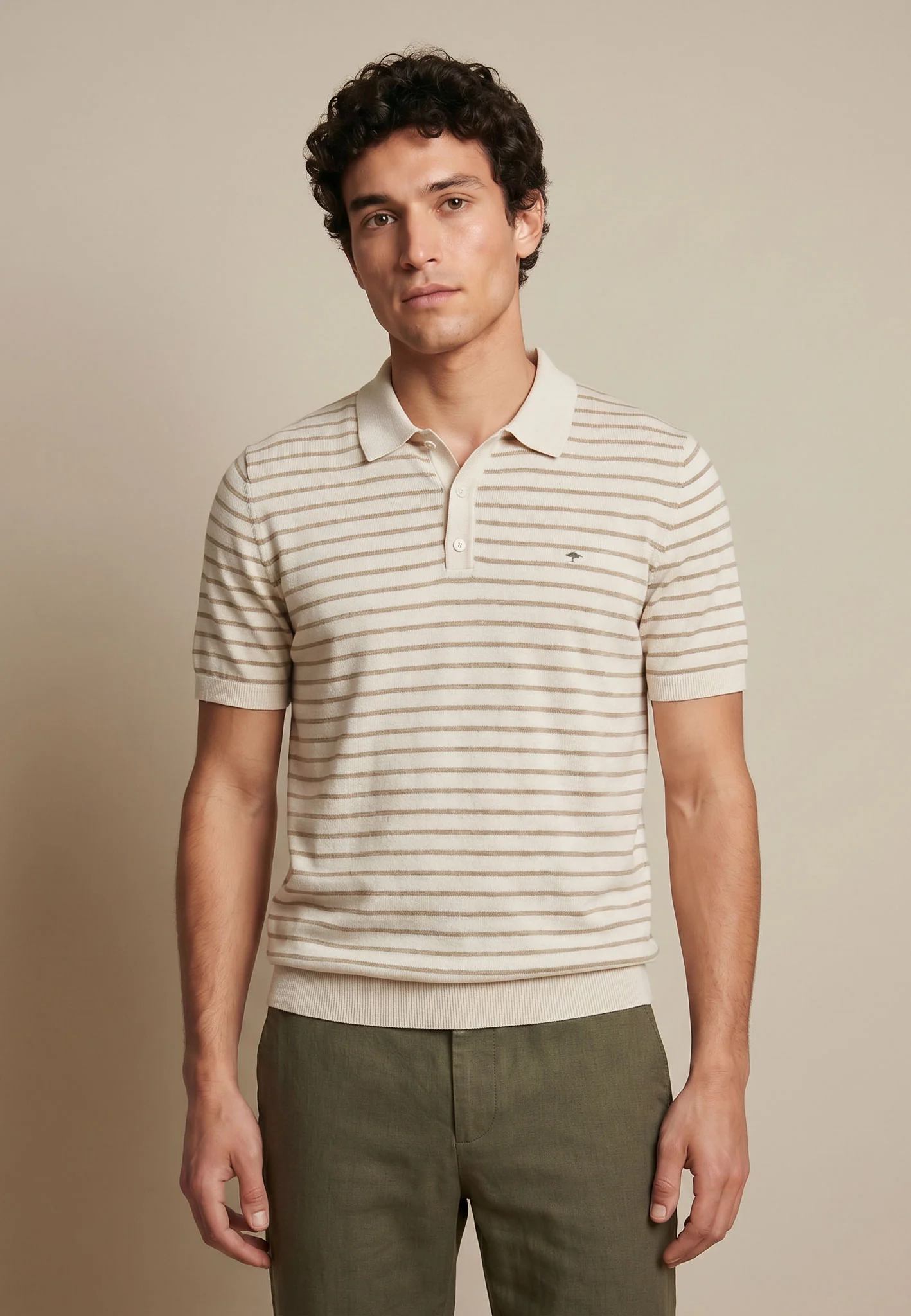 Strickpoloshirt aus Baumwoll-Leinen-Mix mit Streifenmuster