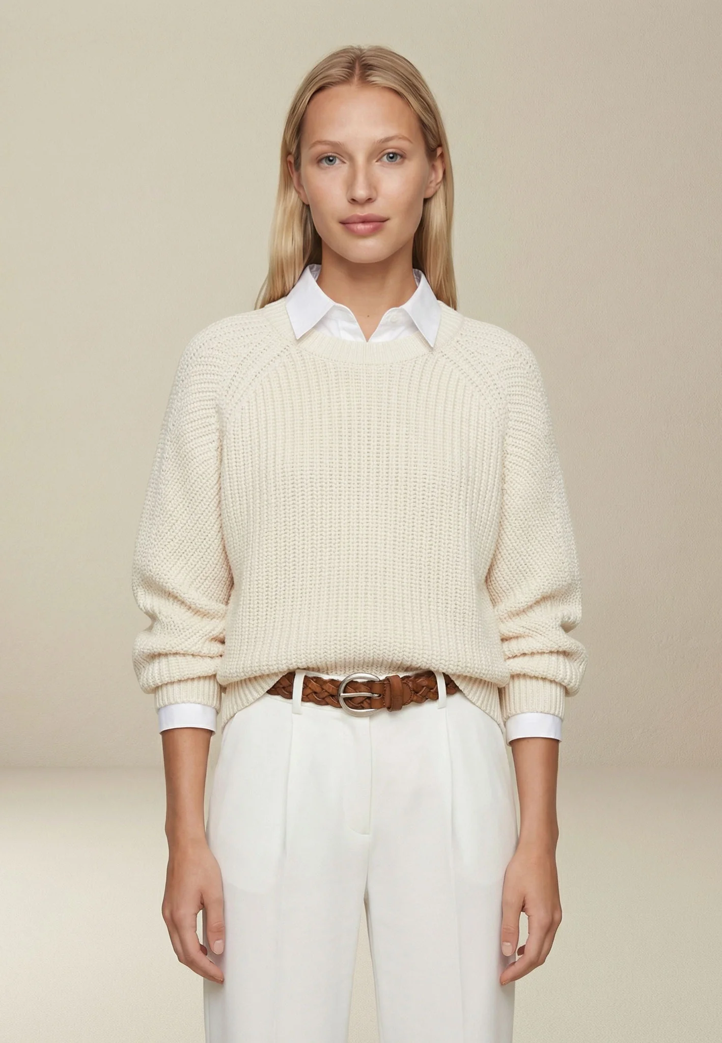 Strickpullover aus Baumwollmix mit Strukturstrick und Rundhalsausschnitt