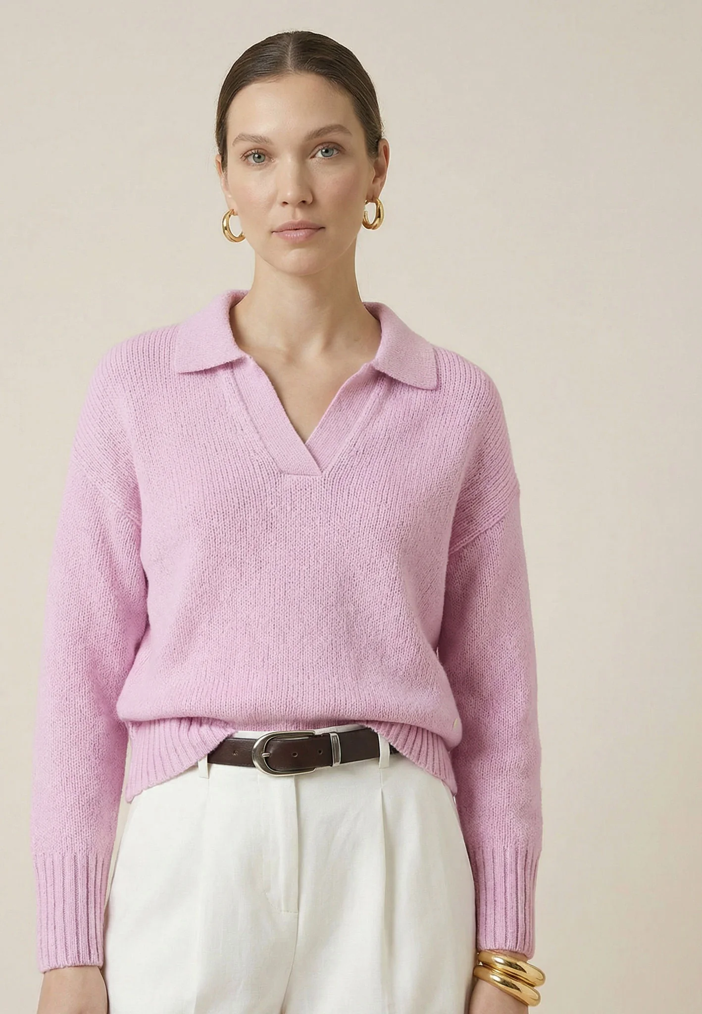Strickpullover aus Baumwollmix mit V-Ausschnitt und Kragen